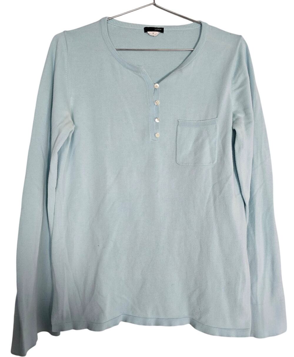 J.Crew Womens Medium Blue Cotton Button Henley Long Knit Shirt Preppy Casual